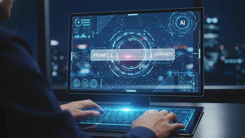 PCの前でプロンプトを入力している人